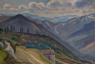 Mountains at Laggadia — Oil painting, Fiberboard, 38.00×55.00cm — Theodoros Markellos